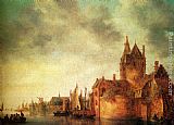 A Castle By A River With Shipping At A Quay by Jan van Goyen